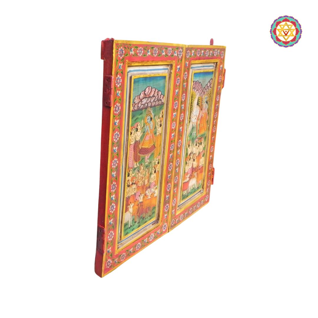 pichwai decorative wooden window panel showing carved frame and painted pichwai artwork