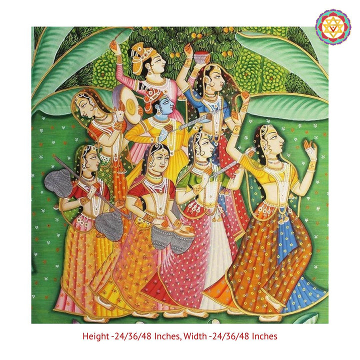 Handpainted pichwai -Picturesque Holi Pichwai – Krishna with Gopis in Celebration