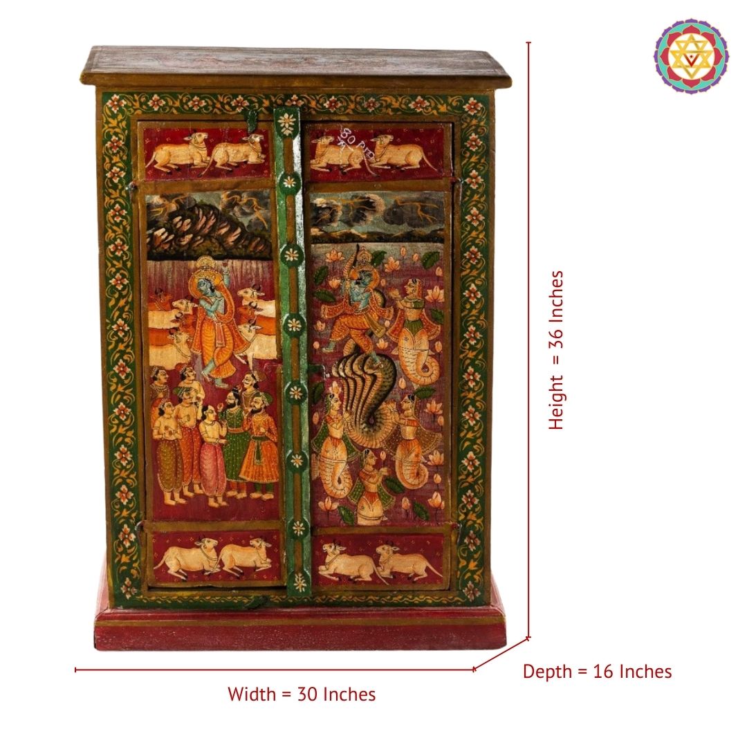 Interior shelf view of handpainted Pichwai wooden cabinet showing storage space