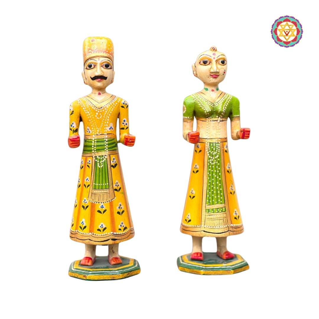 Pair Of wooden Painted Isar Gangaur dolls.Handpainted traditional style decorative dolls.