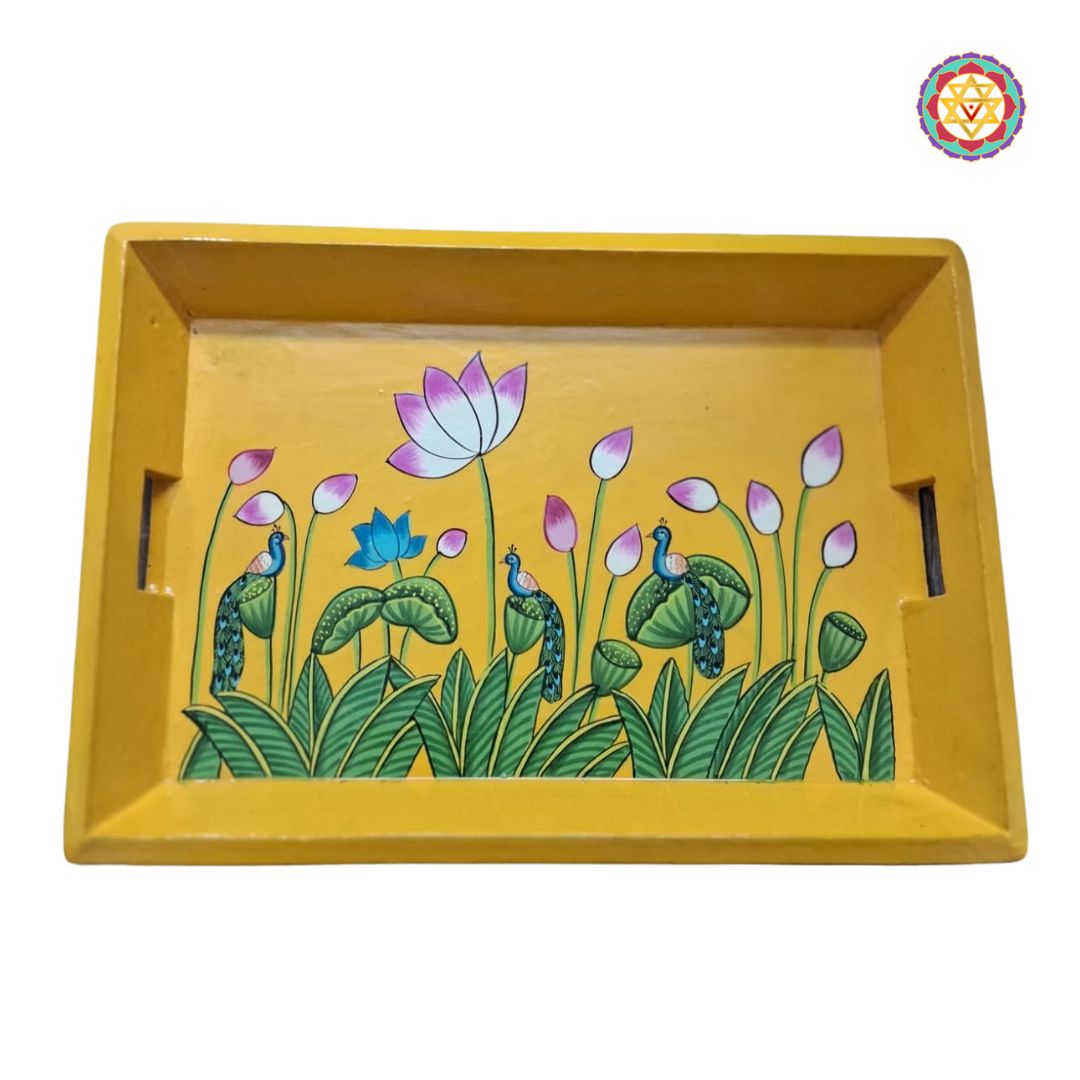 Yellow hand-painted tray featuring Pichwai lotus artwork and clean corner finish.