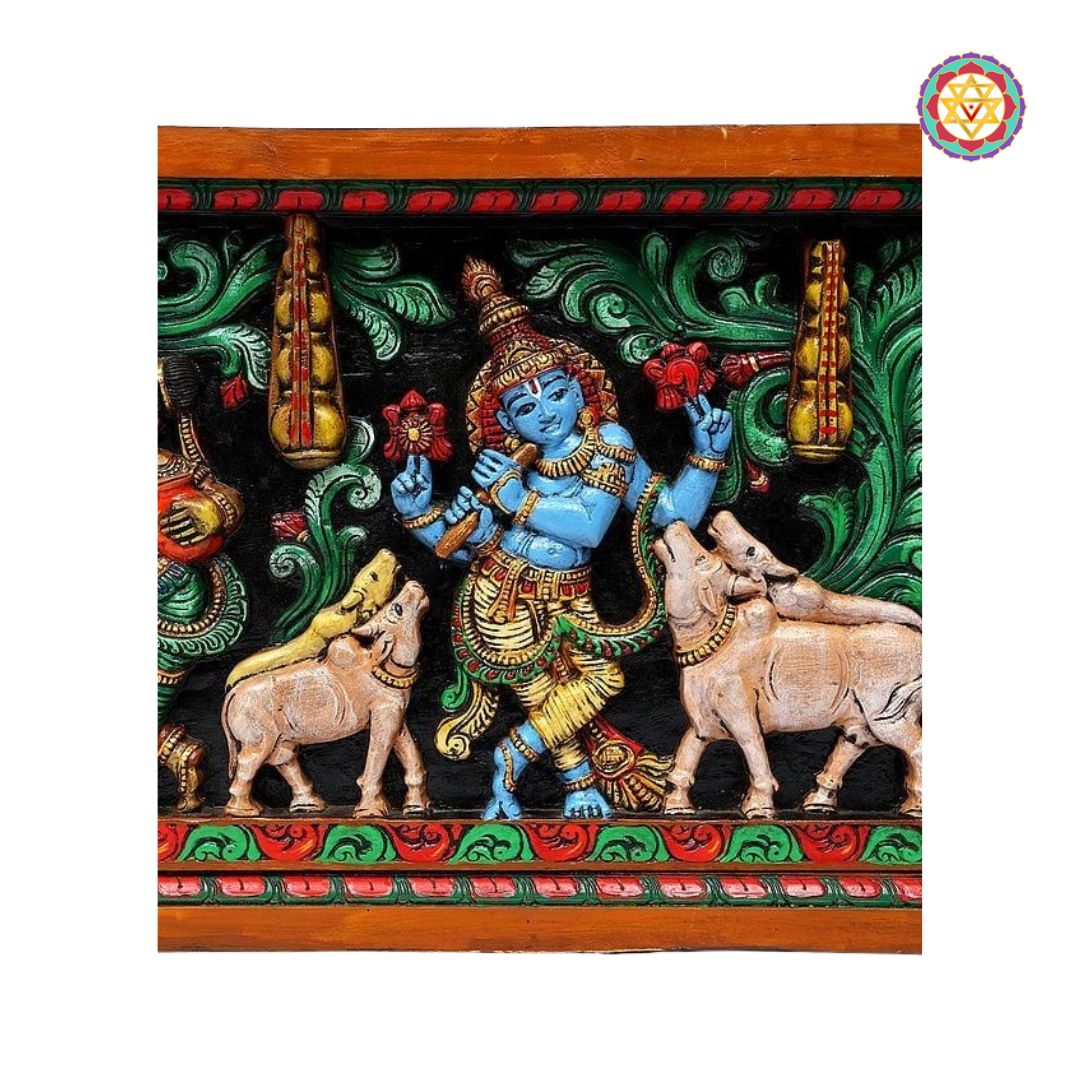 Decorative panel with a colorful depiction of Krishna and two cows, framed by green foliage and red flowers.