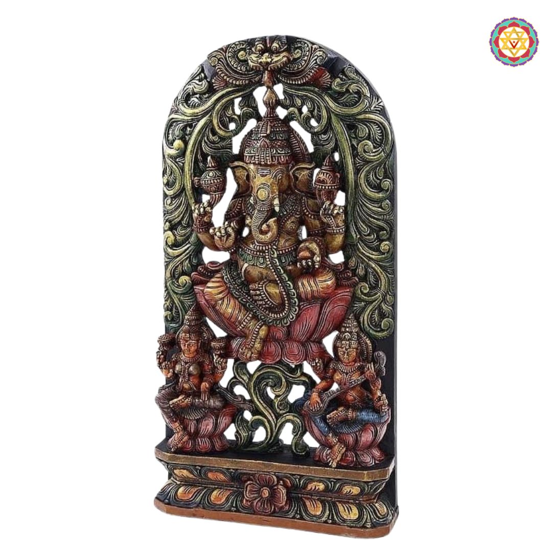 Woodcarved Ganesh statue with Goddess Laxmi & Saraswati.