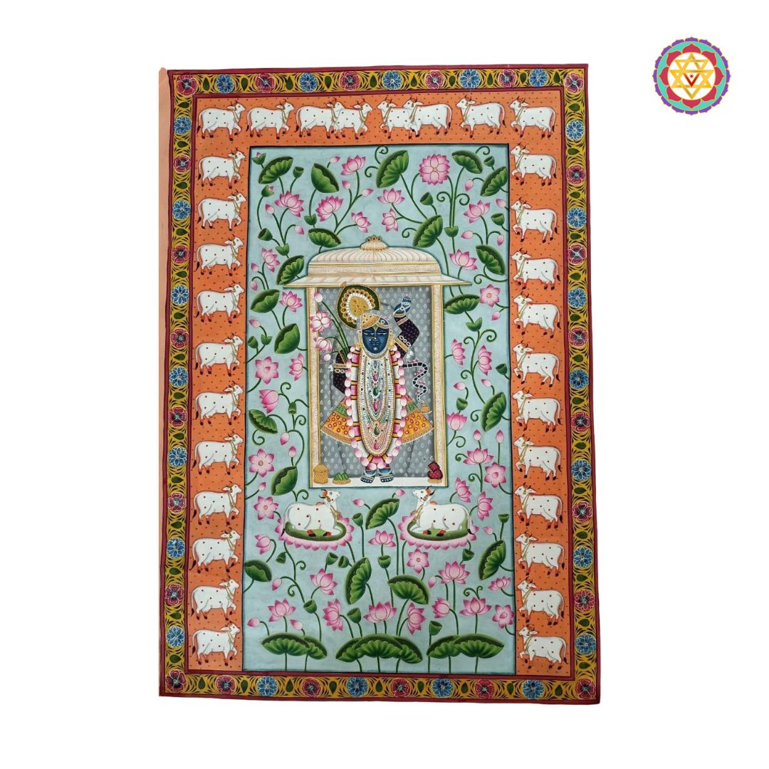 vintage-style pichwai painting of shrinathji with cows and lotuses, detailed brushwork and divine composition