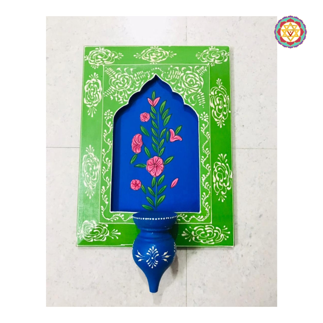 Blue and green floral folk frame with wall-mount and base stand