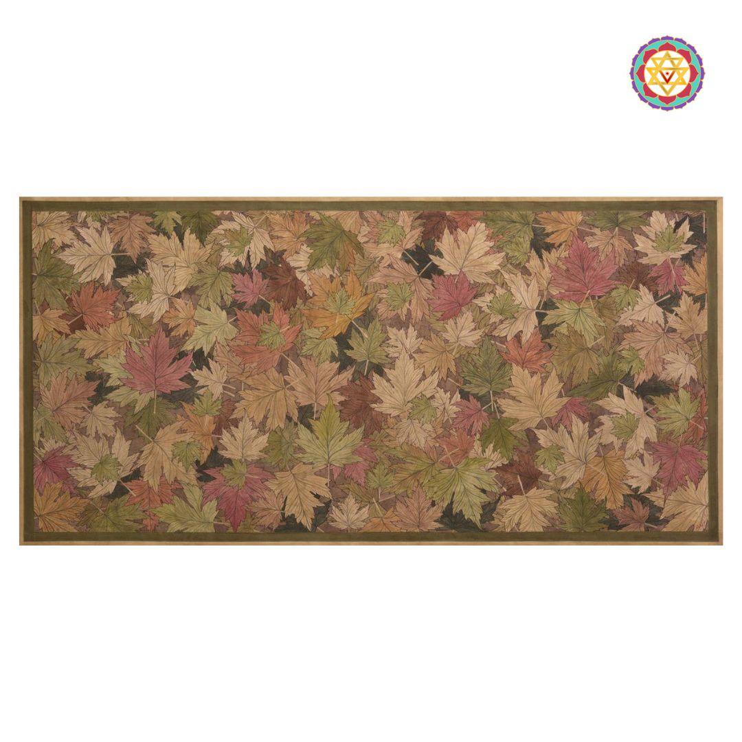 vintage-style hand-painted pichwai featuring maple leaves in autumn hues, detailed natural motif in warm colors