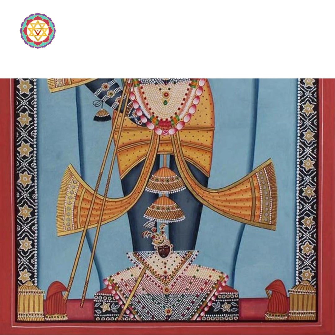 Traditional Pichwai mural illustrating Krishna’s pastimes with devotees and sacred animals