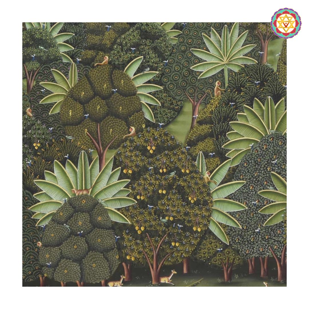 horizontal handpainted pichwai tranquil forest scene with lotus pond brushwork detail showing trees water and florals