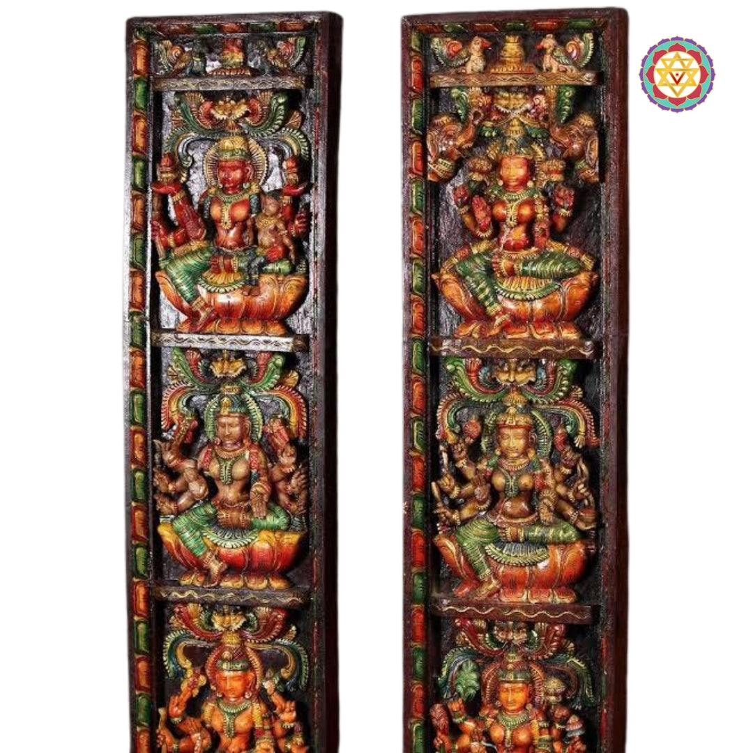 Detailed wood carving of Dhana Lakshmi (Goddess of Wealth)
