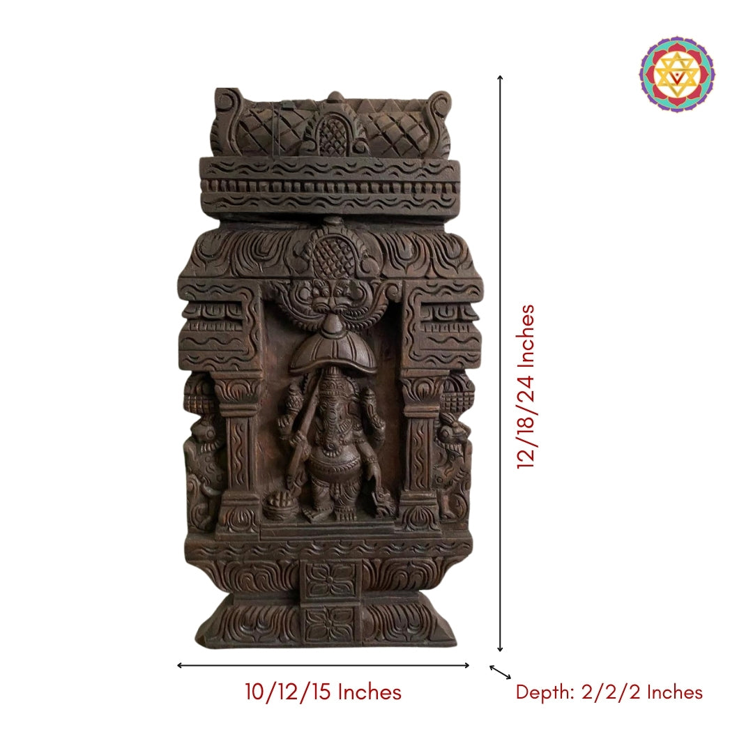 Chettinad gopuram-style Ganesha wooden wall mount with dimensions