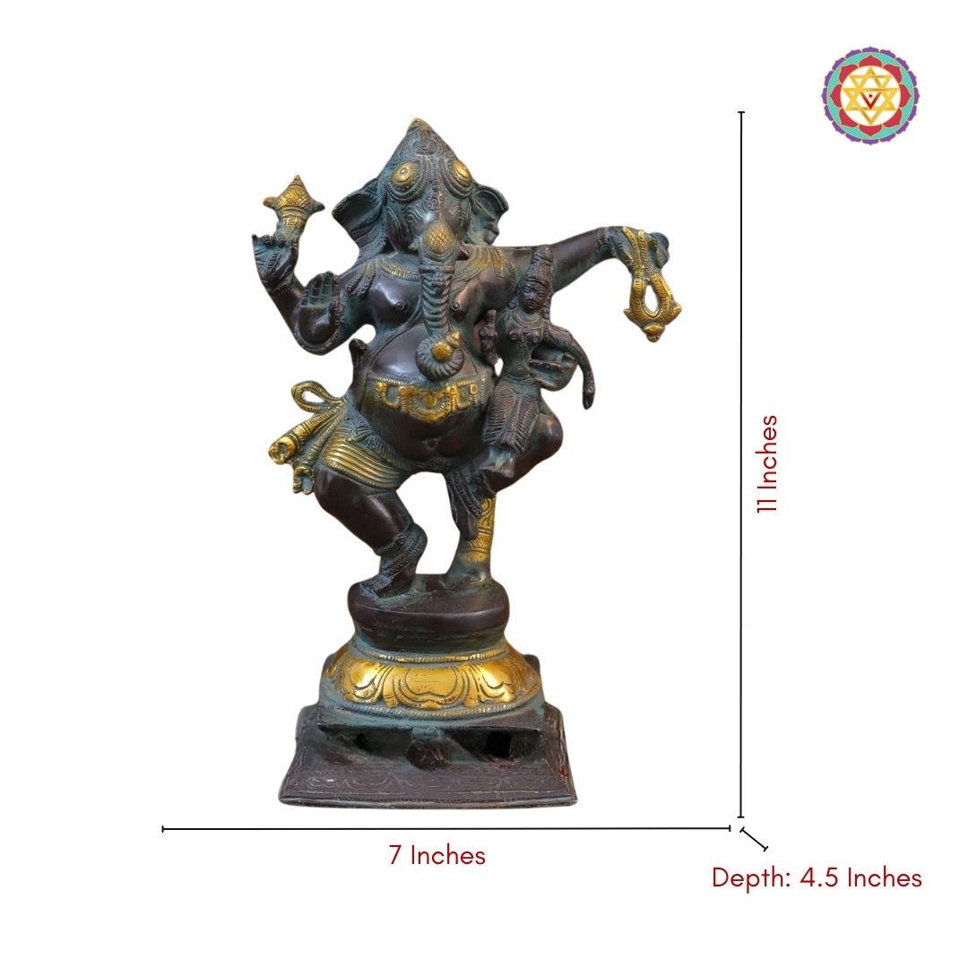 Brass Dancing Ganesh Idol – Vintage Black Patina with Golden Grace (11”)