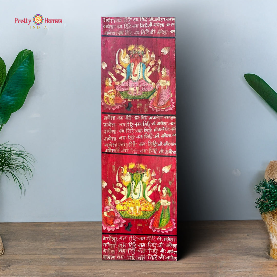 Wooden Handpainted Vintage Style Dancing Ganesha Vertical Panel Wall panel