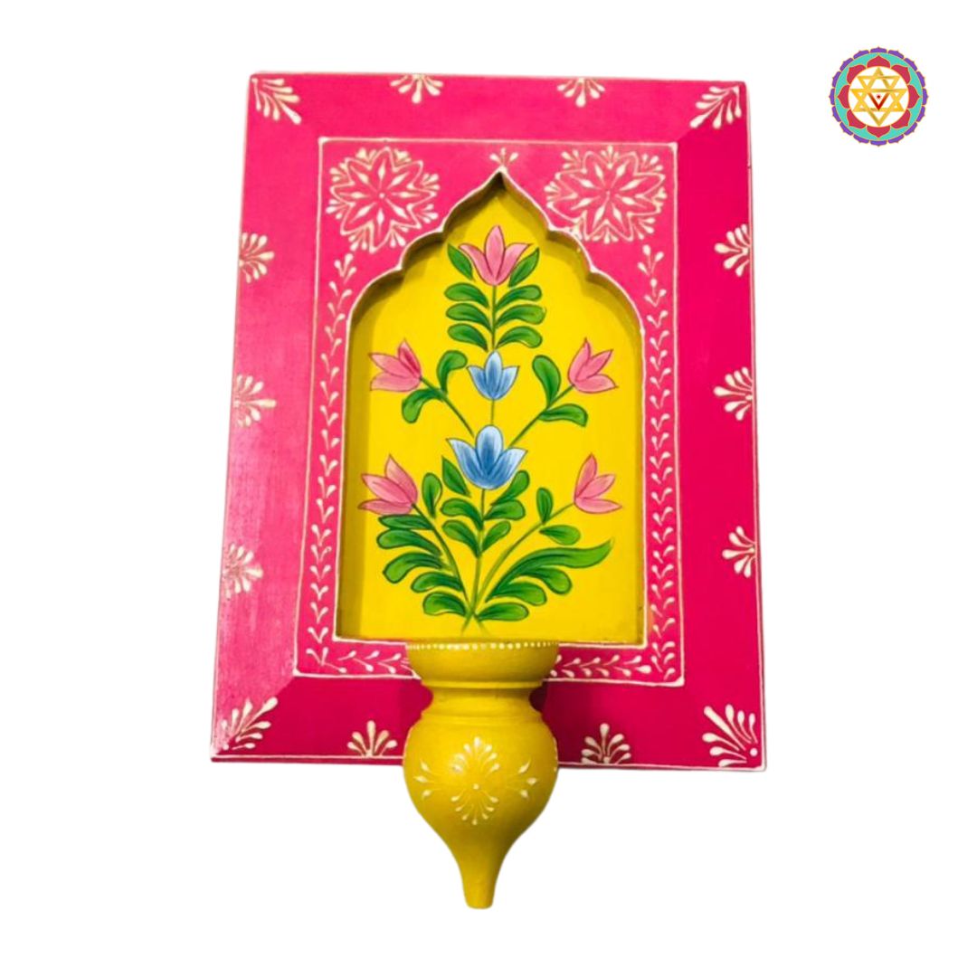 Pink wooden frame with yellow floral art, handcrafted finish
