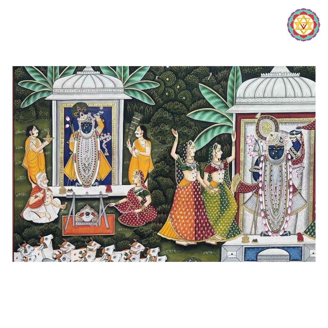 Hand-Painted Pichwai – Teen Darshan (Traditional Pichwai)