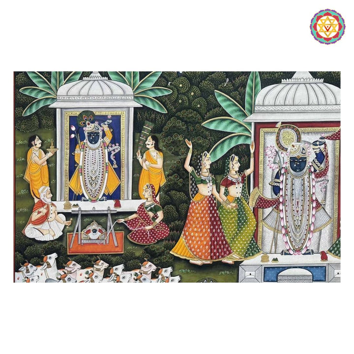 Hand-Painted Pichwai – Teen Darshan (Traditional Pichwai)