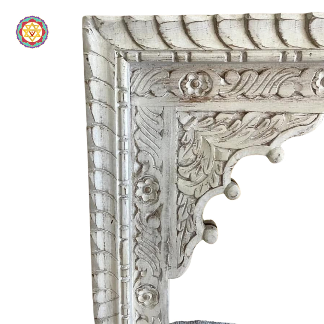 Rustic turquoise Jharokha mirror with a traditional haveli-style frame, perfect for home decor.”