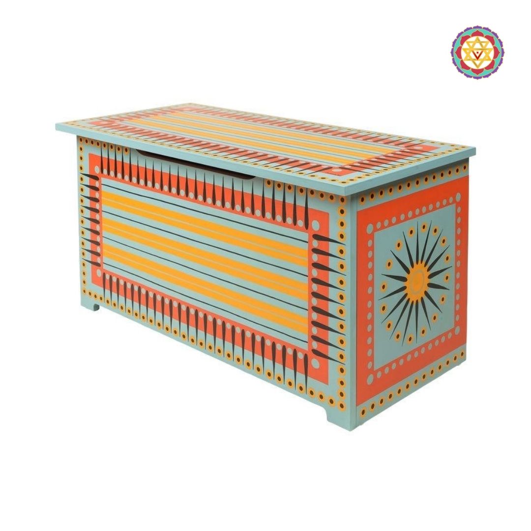 Wooden trunk close-up of handpainted surface and craftsmanship