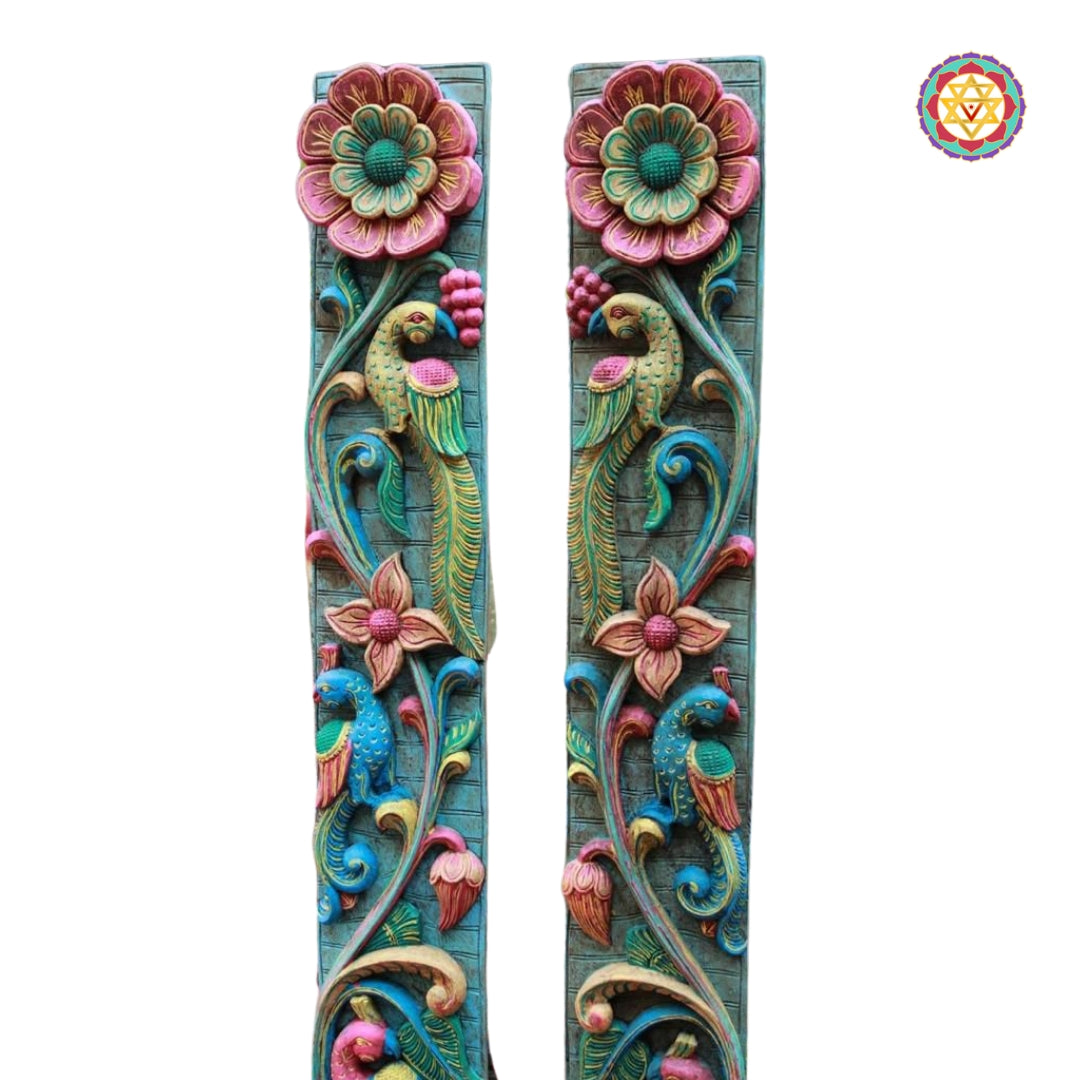 Woodcarved Vertical Wall Hanging Panel With pretty floral,bird & elephant carvings (Single)