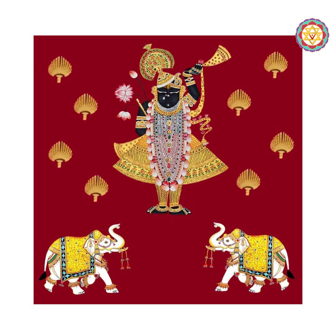 pichwai artwork showing shreenathji with decorated elephants