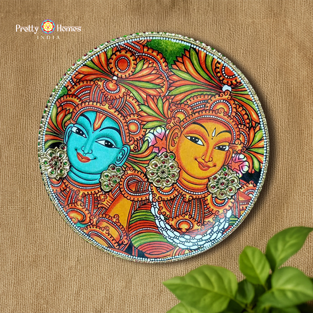 Kerala mural-style Radha Krishna wall plate full view