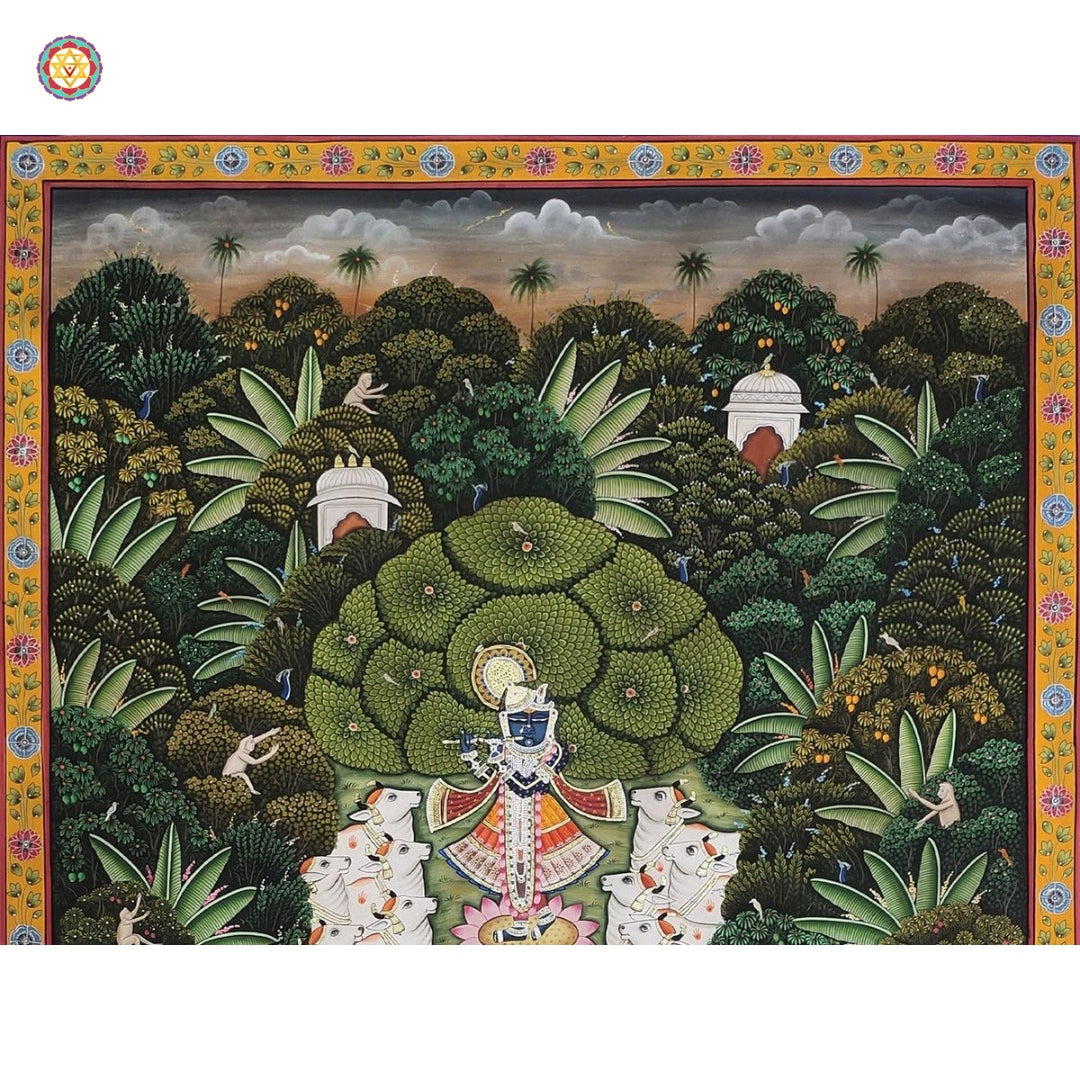 Close-up of Shrinathji Pichwai painting — fine artwork on cloth with divine expressions and soft forest detailing