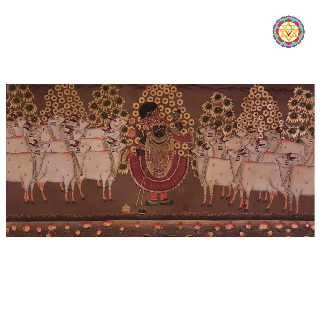 Close-up of vintage style Shrinathji pichwai painting with sacred cows and brown floral background.