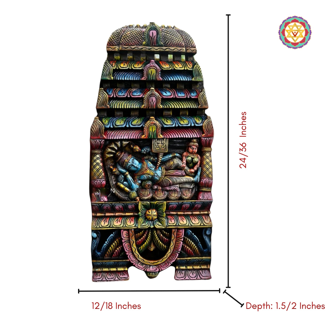 South Indian temple-style wooden panel featuring Ranganathar with measurements