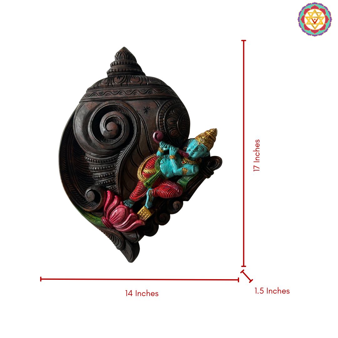 woodcarved conch/shankh &nbsp;wall frame with Krishna on lotus