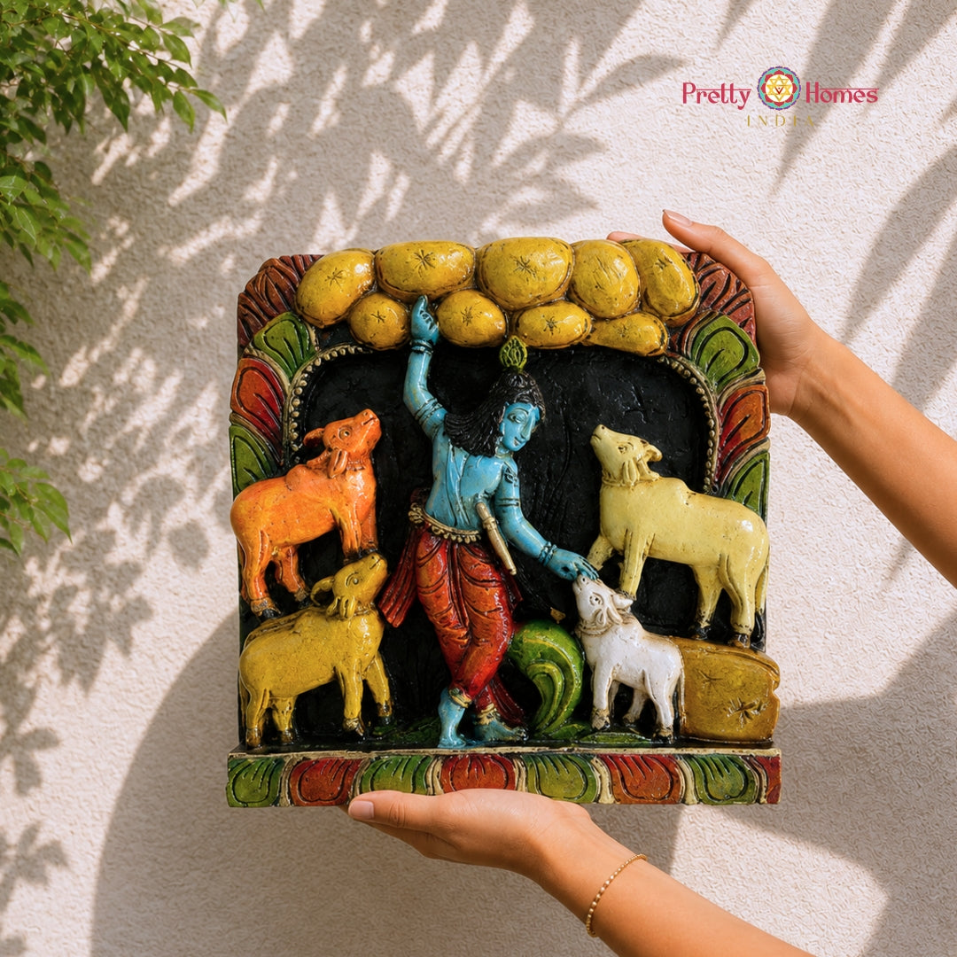 Hand-Carved Wooden Shepherd Krishna Wall Plaque – 12 Inch
