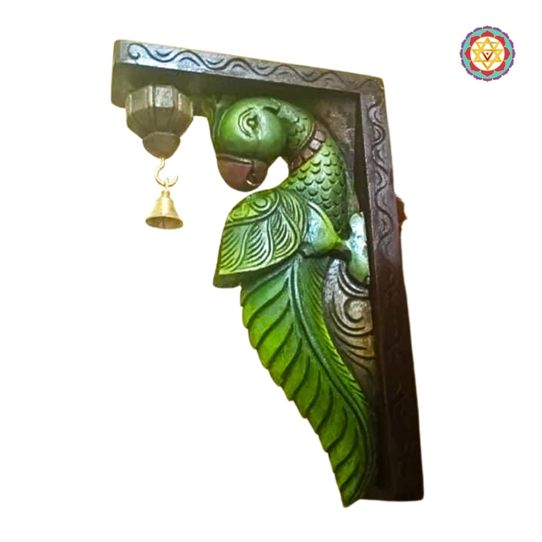 Angled view of wooden parrot wall bracket showing perched parrot with intricate carvings