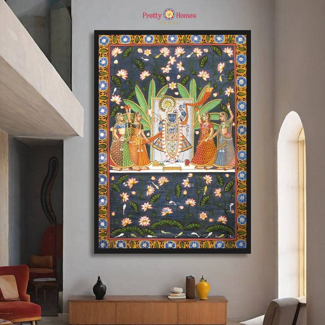 Handpainted pichwai art showing gopikas with Shrinathji at lotus lake