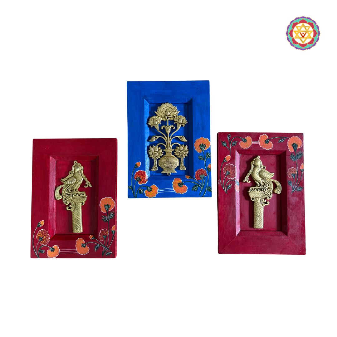 set of 3 brass annapakshis vase handpainted artistic wall decor close-up of handpainted detailing and brass finish