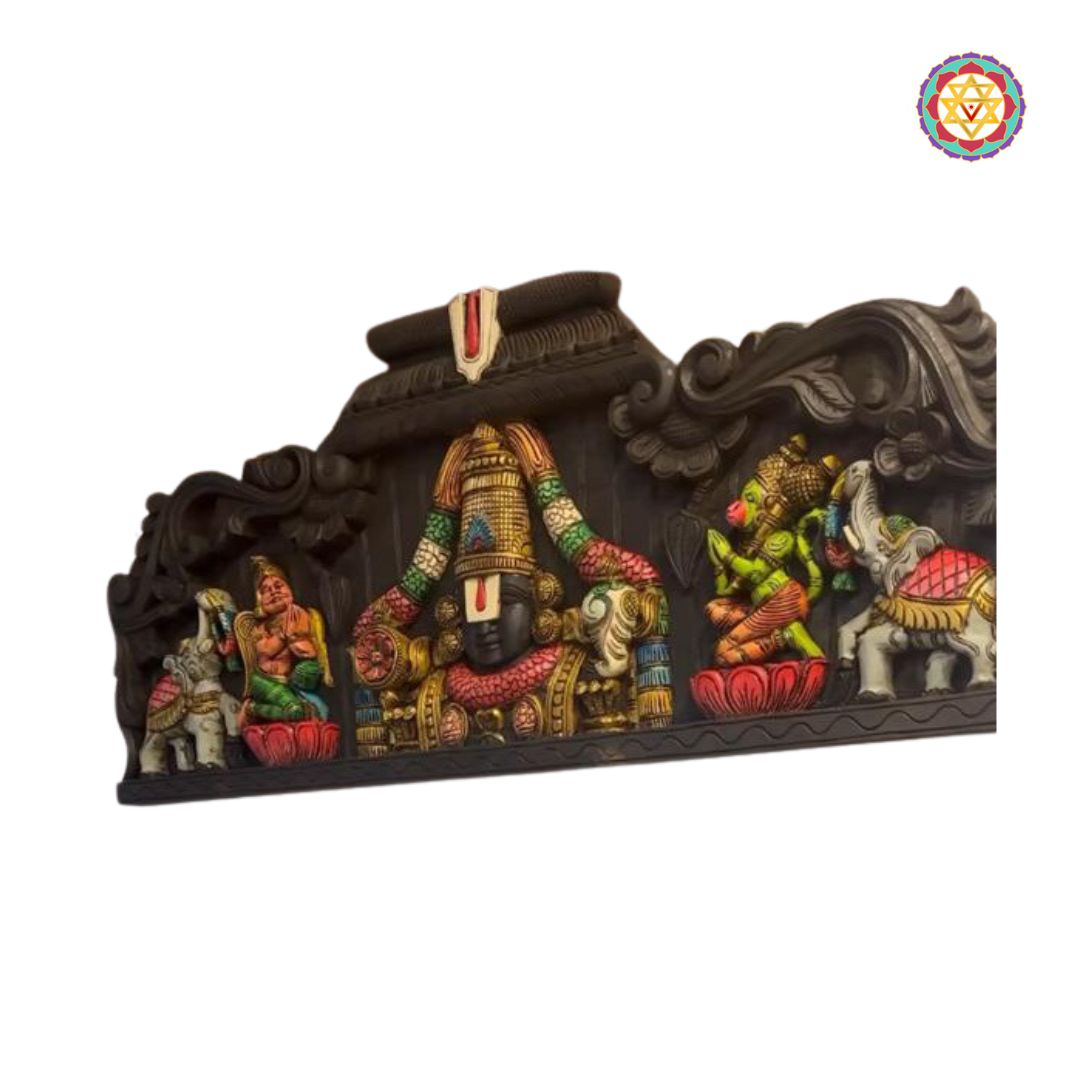 Decorative wall art with colorful carvings on a white background - Intricate carving of Lord Hanuman and Garuda on Vagai wood