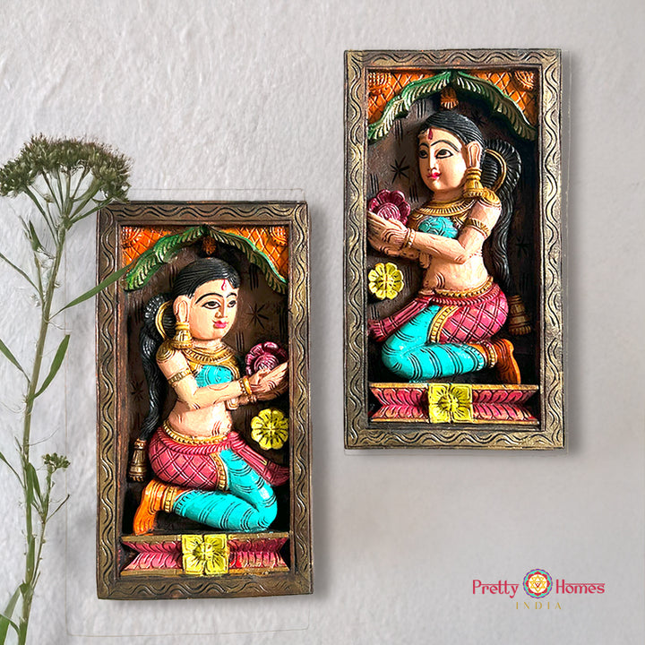 colourful vertical woodcarved Deepalaxmi /deeplaxmi wall frames-set of 2