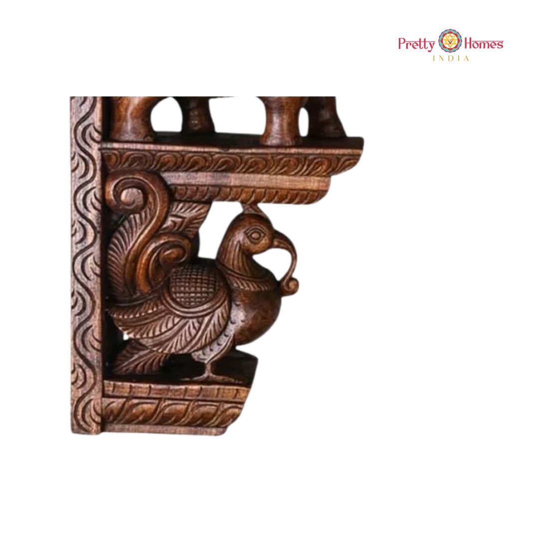Handcarved Trunk-Up Elephant Bracket with Peacocks (Single)