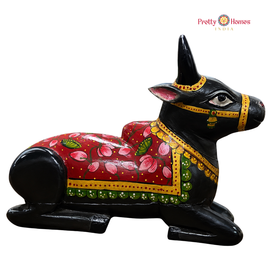 Handpainted Wooden Black Nandi with Red lotus Motifs