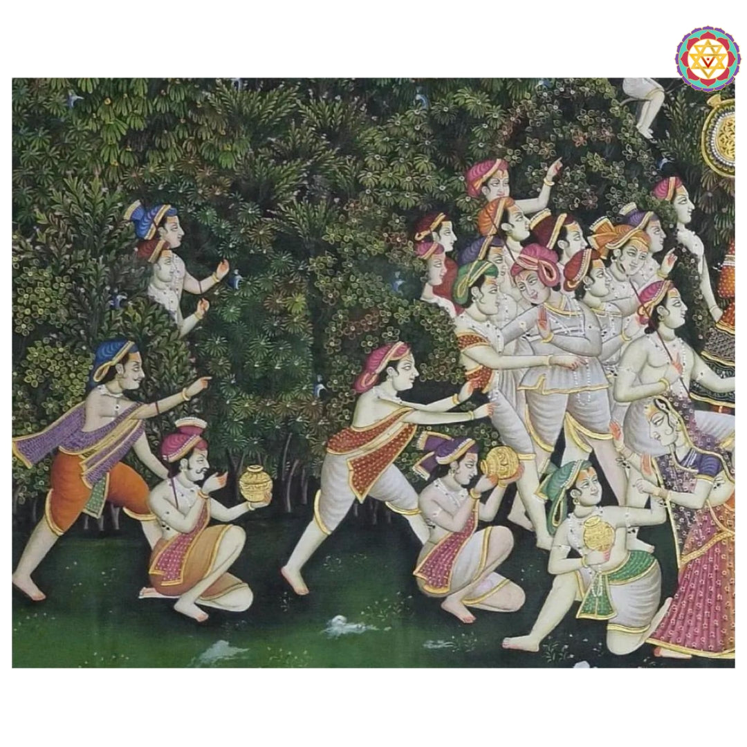 Detailed scene of Shreenathji and gopikas with white cow in hand-painted Pichwai painting of Rajasthan.