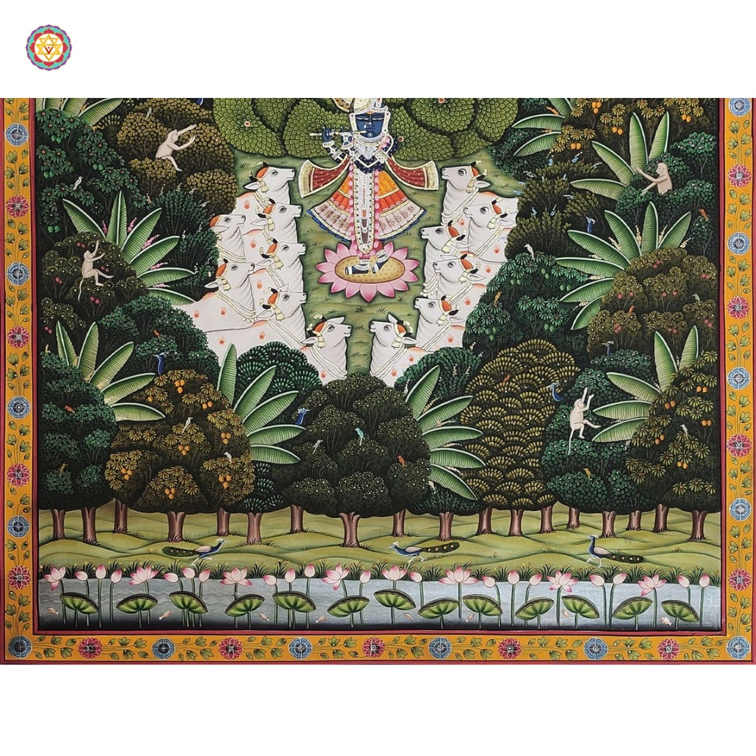 Front view of Shrinathji forest Pichwai — intricate brush detailing and natural pigment tones, traditional Rajasthani art