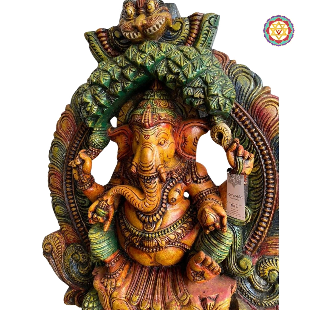 Intricately carved Woodcarved  Seated Lotus Ganesha Enshrining Prabhavali.Statue