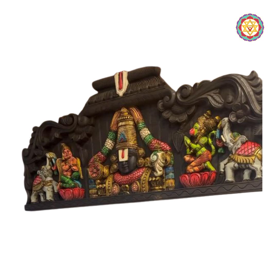 Decorative wall art with colorful figures and intricate design on a white background -  Detailed elephant carvings on wooden wall panel