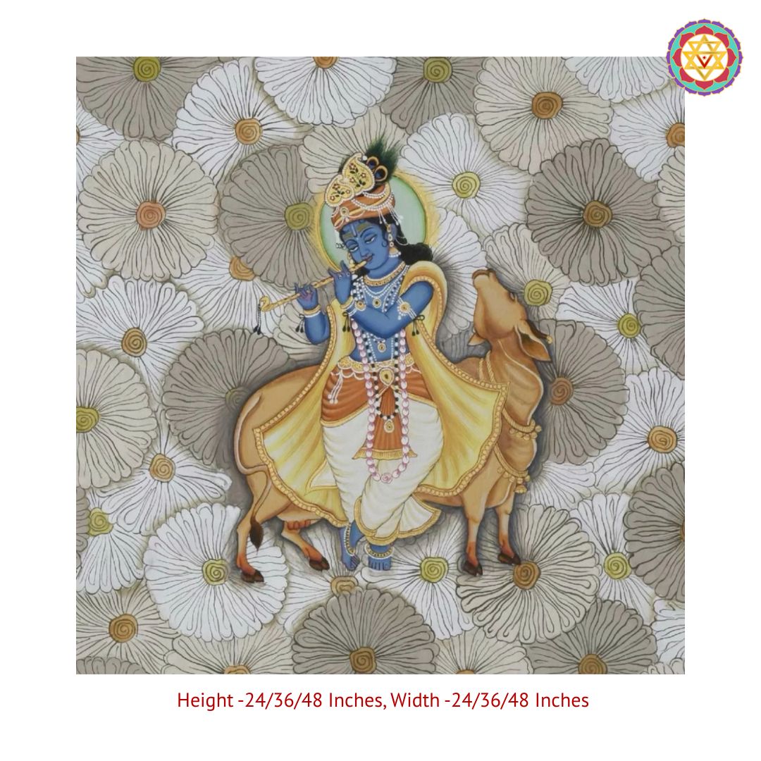 Flute Krishna – Handpainted Pichwai with Cows & Aesthetic Floral Detailing