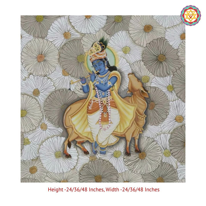 Flute Krishna – Handpainted Pichwai with Cows & Aesthetic Floral Detailing