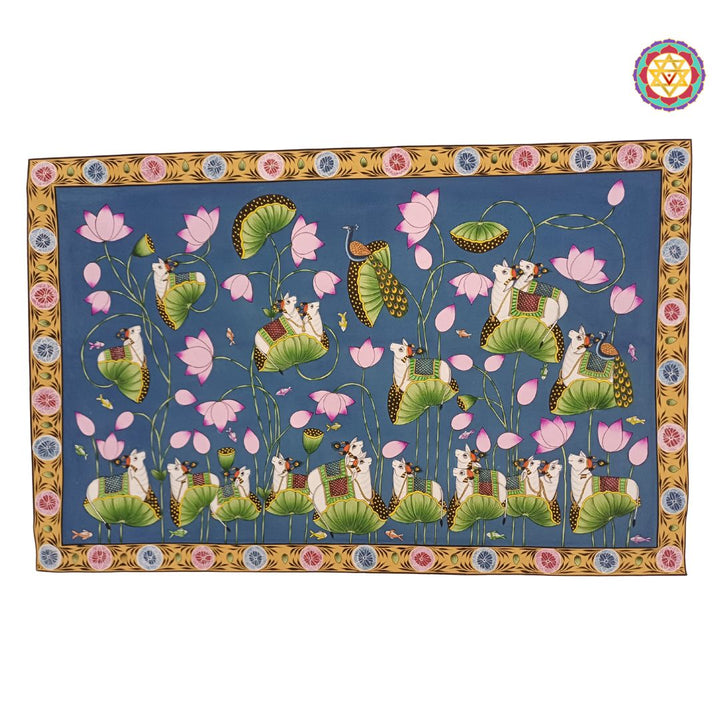 hand-painted shreenathji pichwai painting -Blue Lotus Pond with Cows