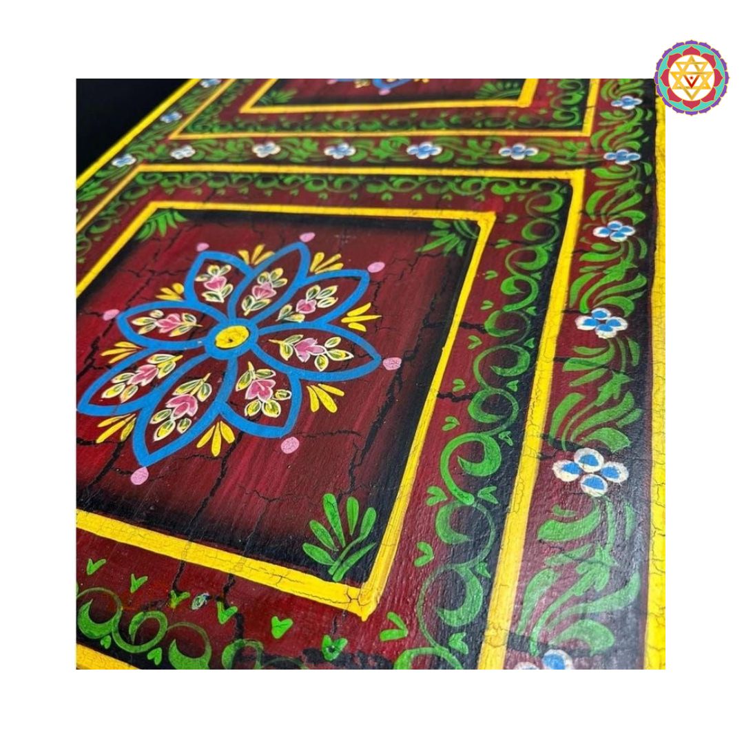 interior view of handcrafted storage trunk with painted details