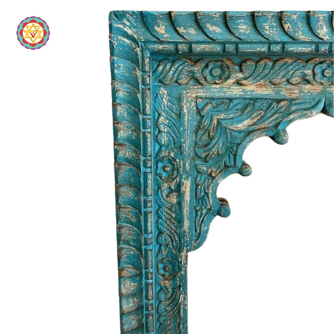 Side view of the wooden Jharokha mirror highlighting the detailed floral and geometric motifs.”
