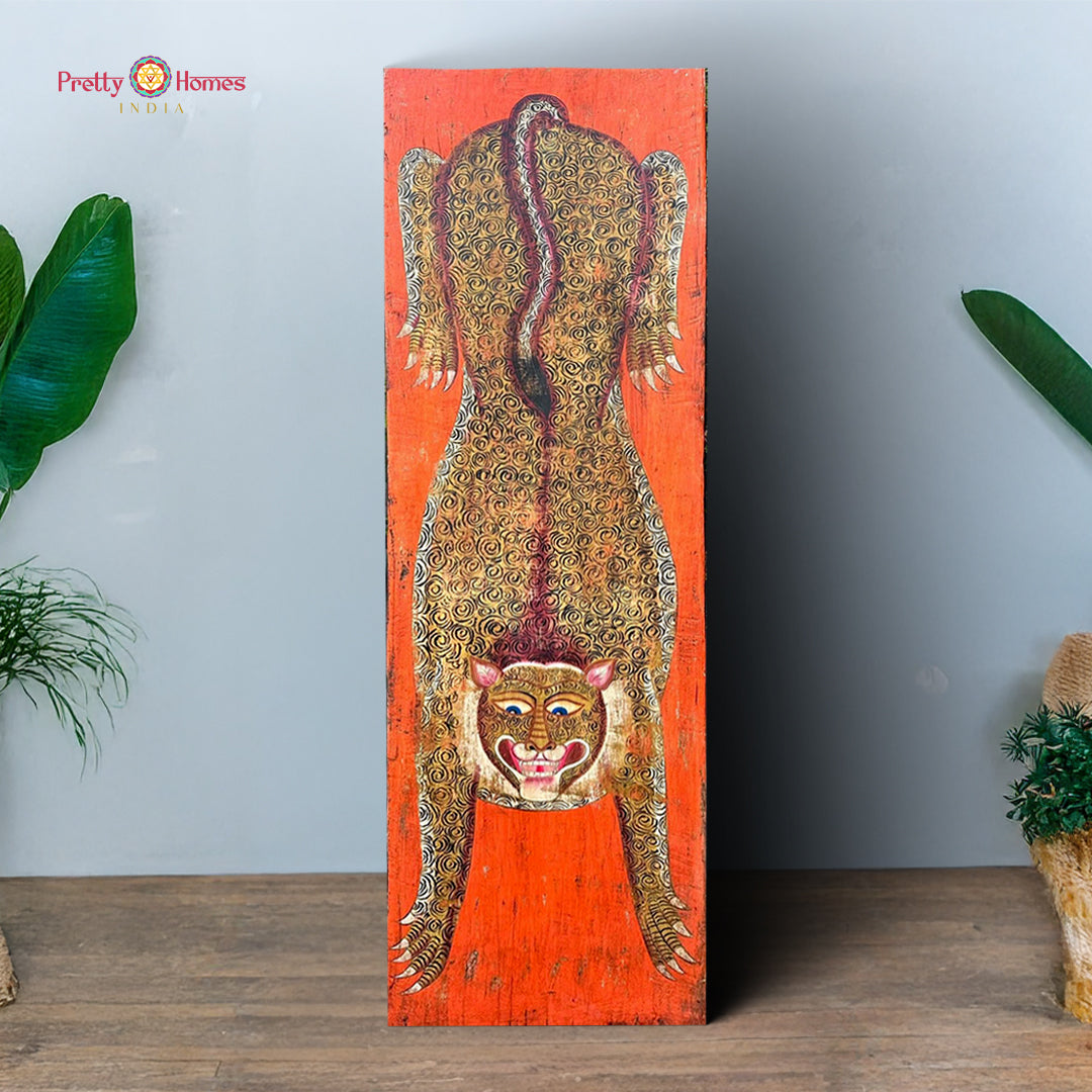 Wooden Handpainted Vintage-Style Indian Jaguar Wall Panel – Collectible Decorative Art for Eclectic Interiors