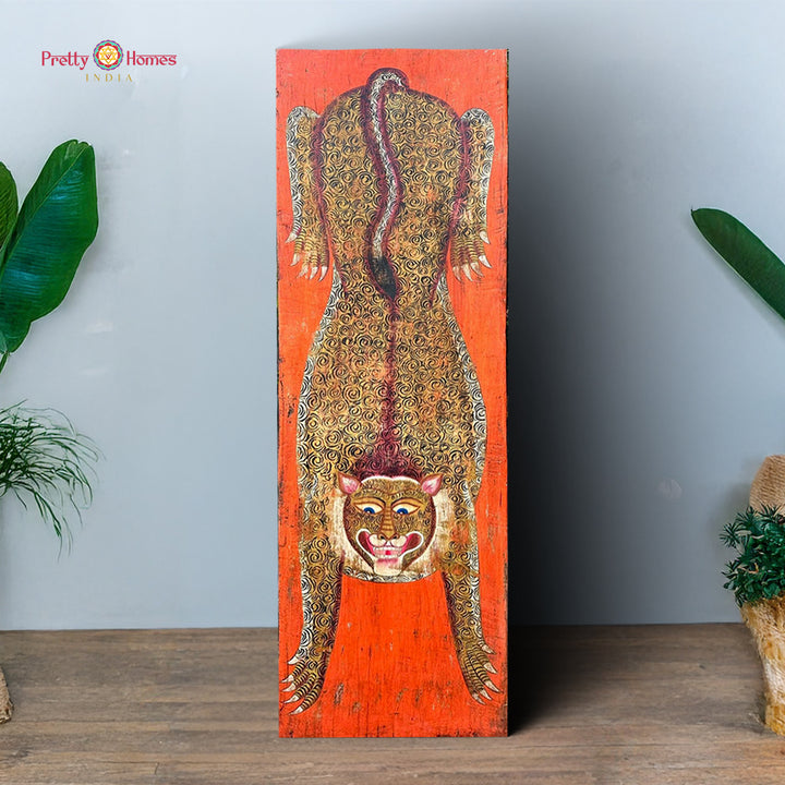 Wooden Handpainted Vintage-Style Indian Jaguar Wall Panel – Collectible Decorative Art for Eclectic Interiors