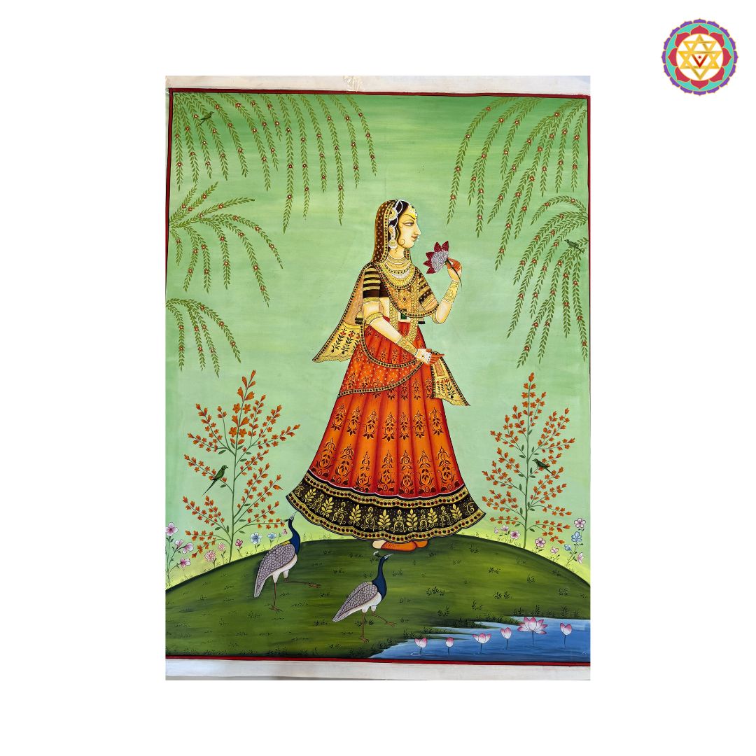 Royal Princess with Lotus – Rajasthani Miniature hand Painting