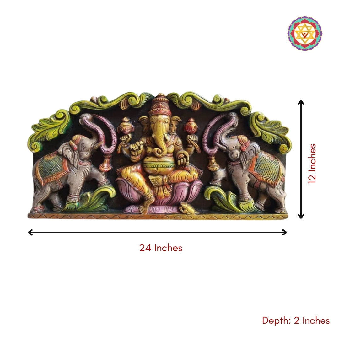 Colorful wood wall paneling of Lord Ganesha with elephants and floral carving