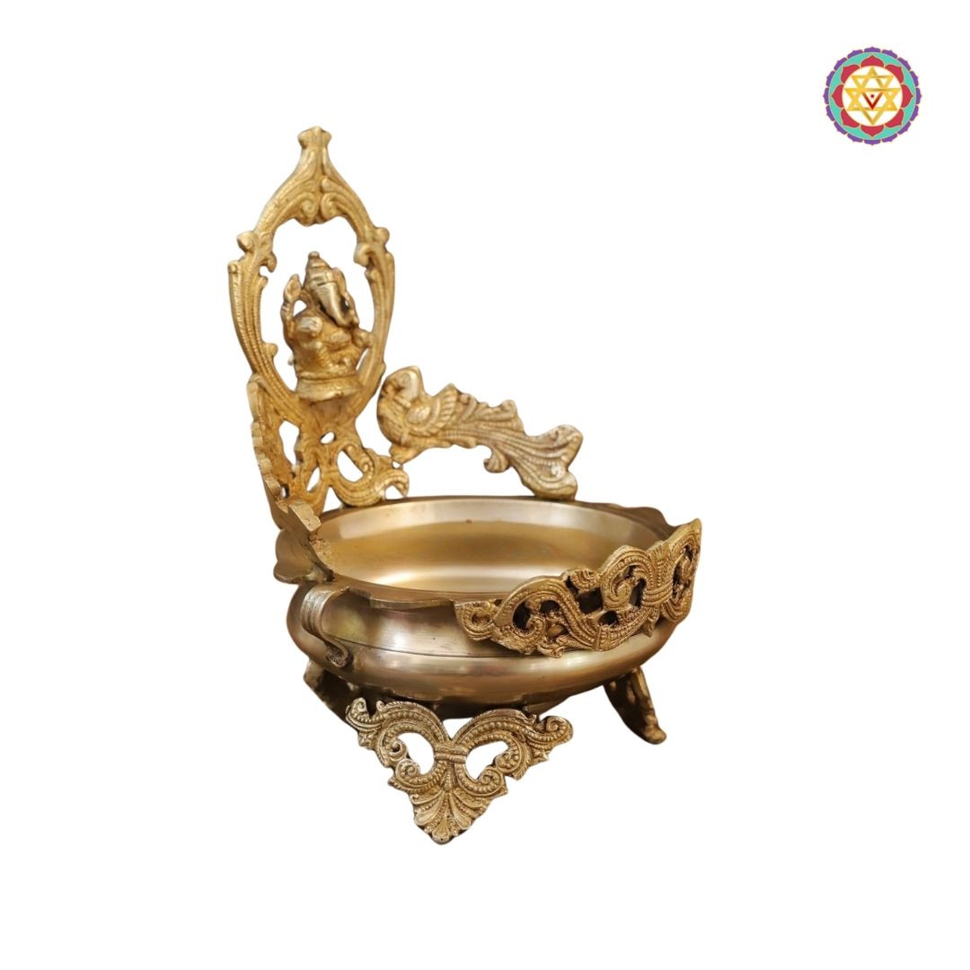 large brass Ganesh urli bowl with fine golden finish and detailed carving